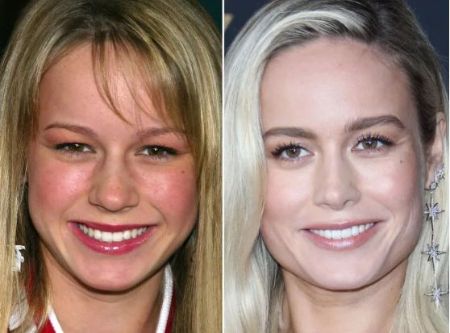 Brie Larson in 2003 on left and in 2019 on right.